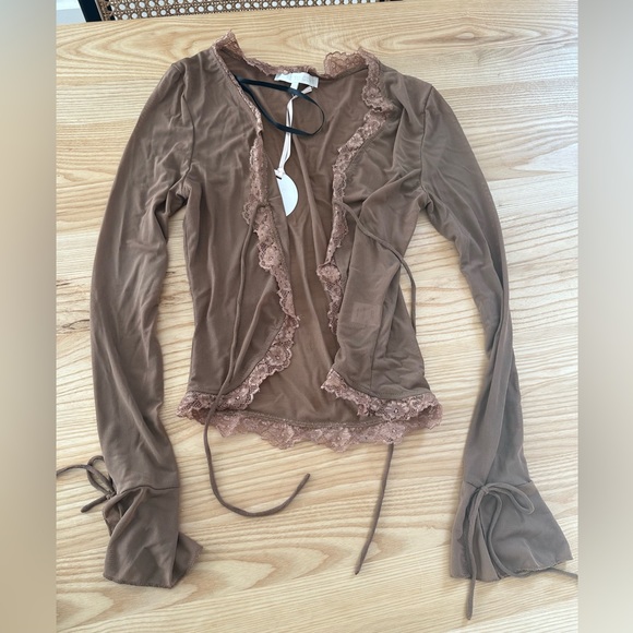NWT Revolve MORE TO COME Kelsea Tie Front Top in Brown in XS - Picture 2 of 3